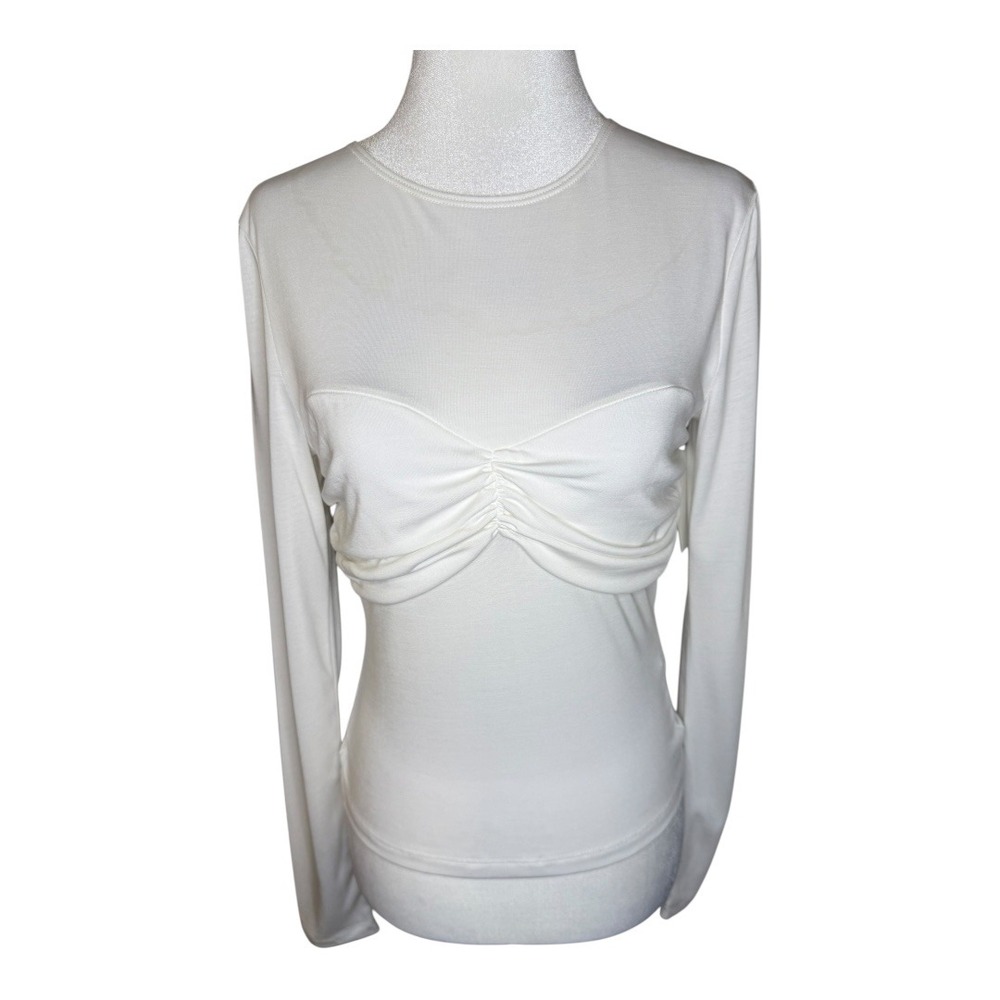 Elodie White Long Sleeve Ruched Bust Top Fitted Blouse Size Small NWT